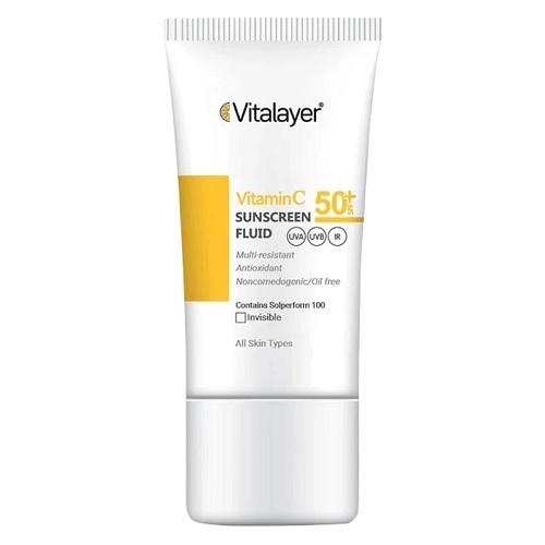فلوئید ضدآفتاب بی‌رنگ ویتالیر SPF50 مدل Vitamin C مناسب انواع پوست